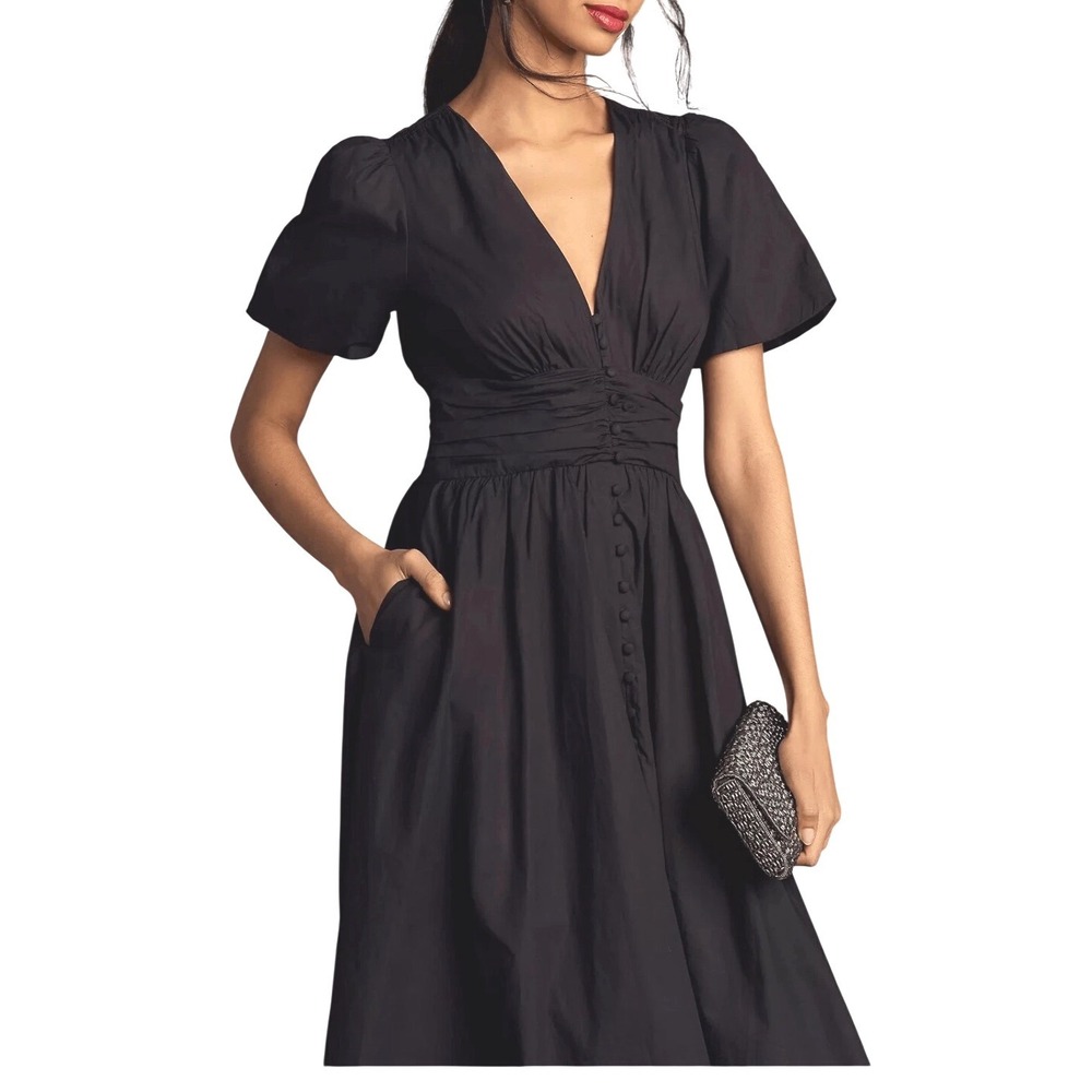 Anthropologie‎ Katerina Midi Dress Black Cotton Button Front Puff Sleeve MP NWT